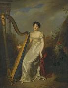 Firmin Massot Portrait of a lady, wearing a white dress and seated beside a harp a landscape beyond Sweden oil painting artist
